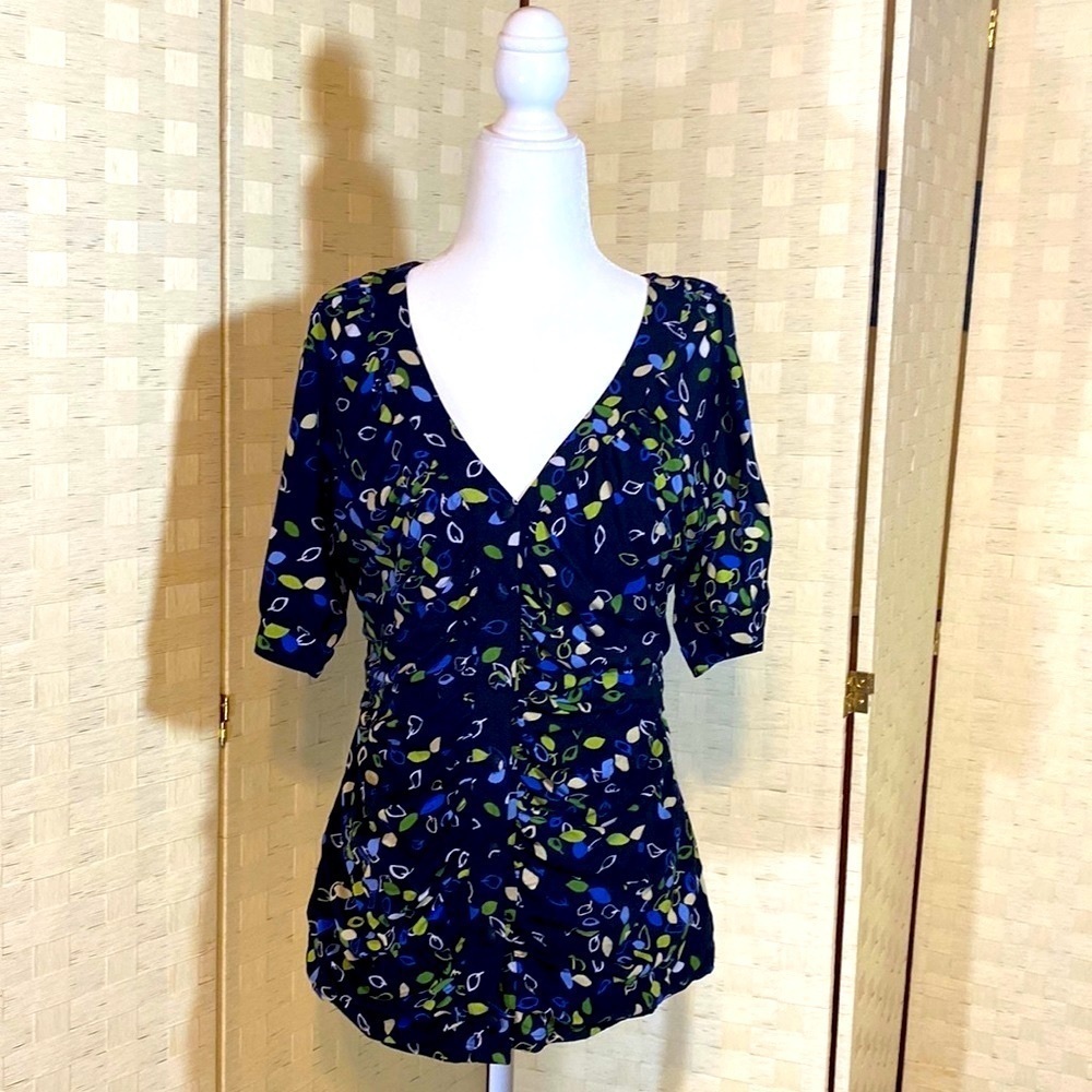 STYLE & CO DEMURE WOMEN’S v Neck BLOUSE TOP Black Blue Green Sz L GUC